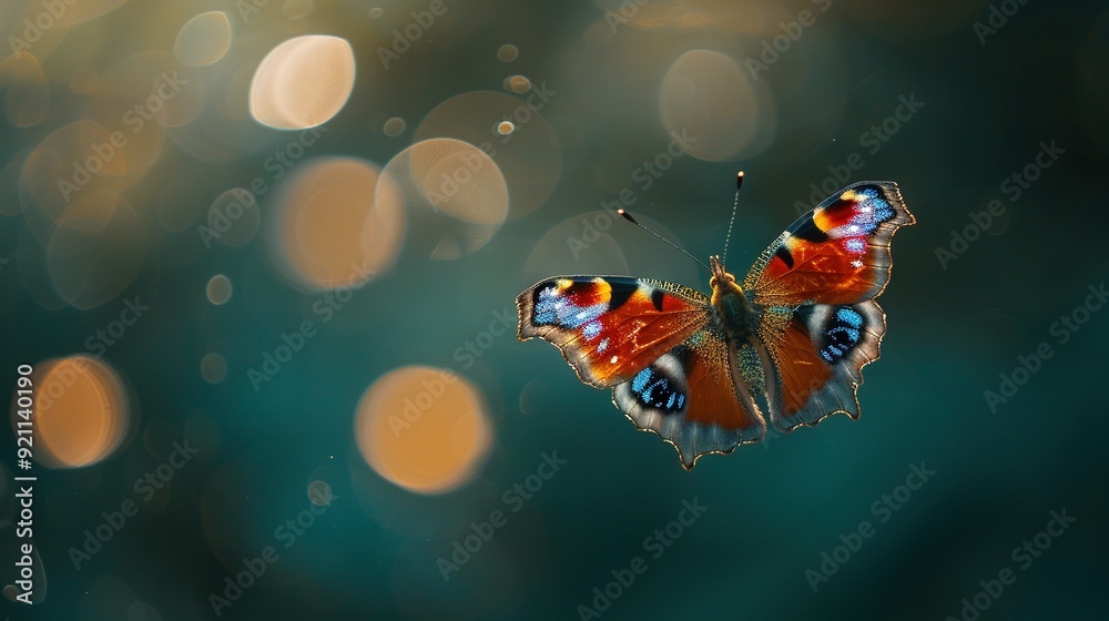 A close-up of a butterfly flying in the air, with a boke of light in the background and a blurry background A close-up of a butterfly flying in the air, with a boke of light in the background and a blurry background