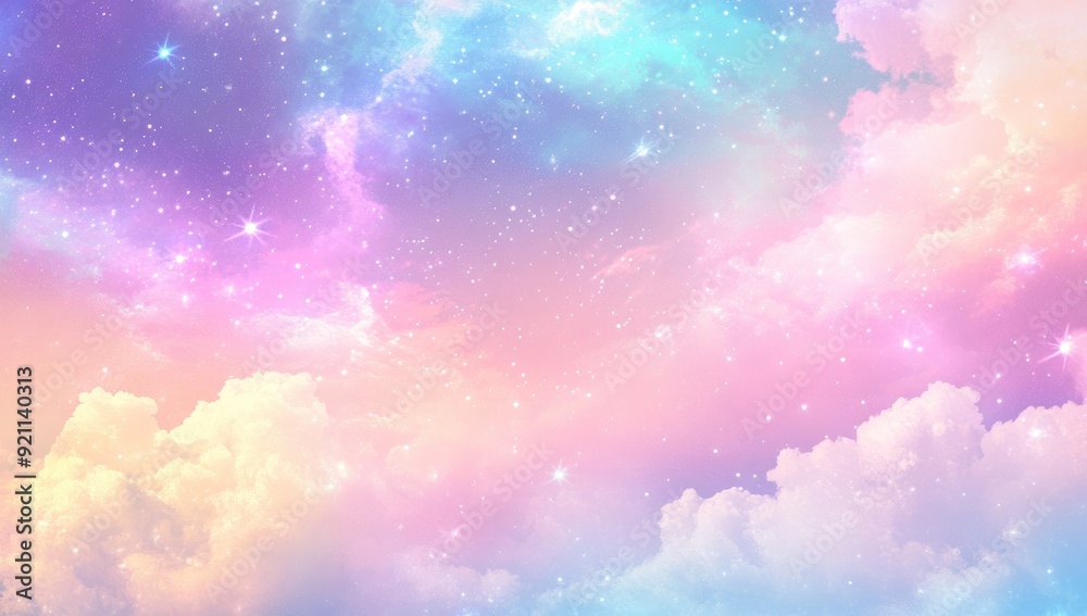 Pastel Twilight Sky Filled with Colorful Clouds and Twinkling Stars, Creating a Dreamy and Ethereal Celestial Scene at Dusk Pastel Twilight Sky Filled with Colorful Clouds and Twinkling Stars, Creating a Dreamy and Ethereal Celestial Scene at Dusk