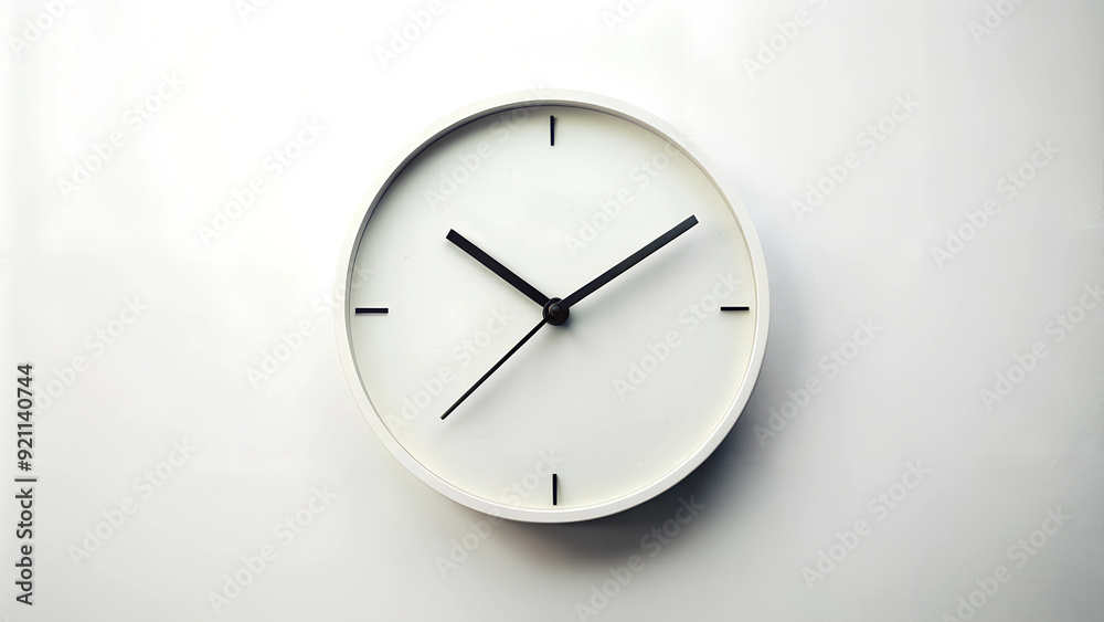 A minimalist clock with no numbers, only simple black hands against a white background. A minimalist clock with no numbers, only simple black hands against a white background.