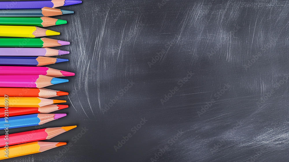 Colorful pencils and clips arranged on the left side of a blackboard background with ample copy space on the right, creating a vibrant and organized scene perfect for educational or creative contexts, Colorful pencils and clips arranged on the left side of a blackboard background with ample copy space on the right, creating a vibrant and organized scene perfect for educational or creative contexts,