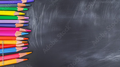 Colorful pencils and clips arranged on the left side of a blackboard background with ample copy space on the right, creating a vibrant and organized scene perfect for educational or creative contexts,