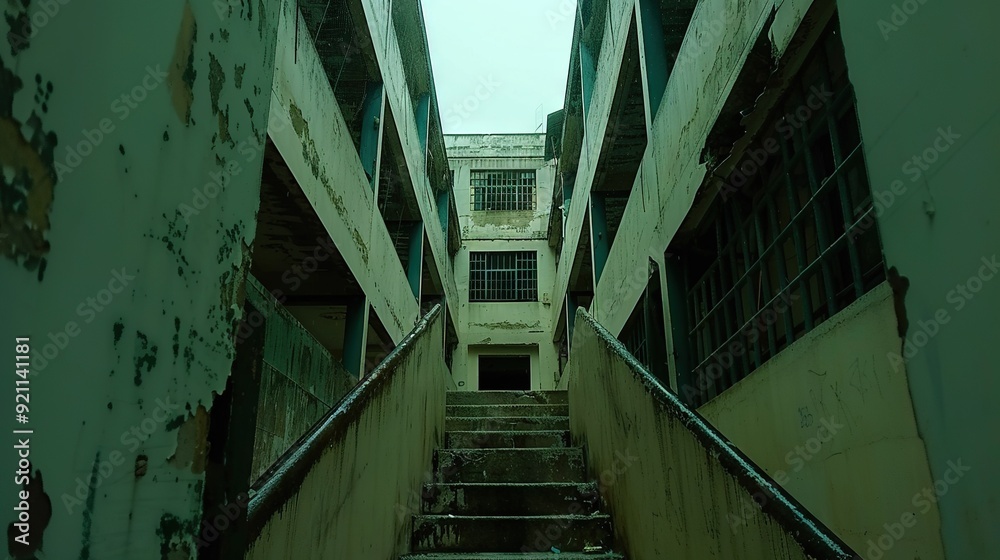 Fototapeta premium A set of stairs leads to a building with jail cells on either side and a cell beyond