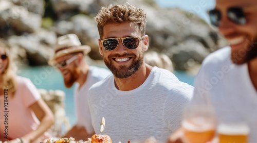 A group of friends enjoying a fresh seafood meal together by the beach, capturing the essence of social dining, joy, and the taste of the sea. photo