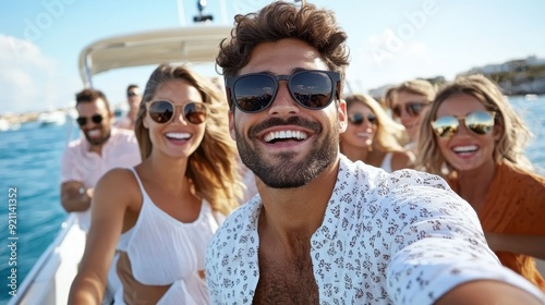 A group of smiling friends on a boat, enjoying a sunny day out on the water, wearing summery outfits and sunglasses, capturing a moment of joy and togetherness.