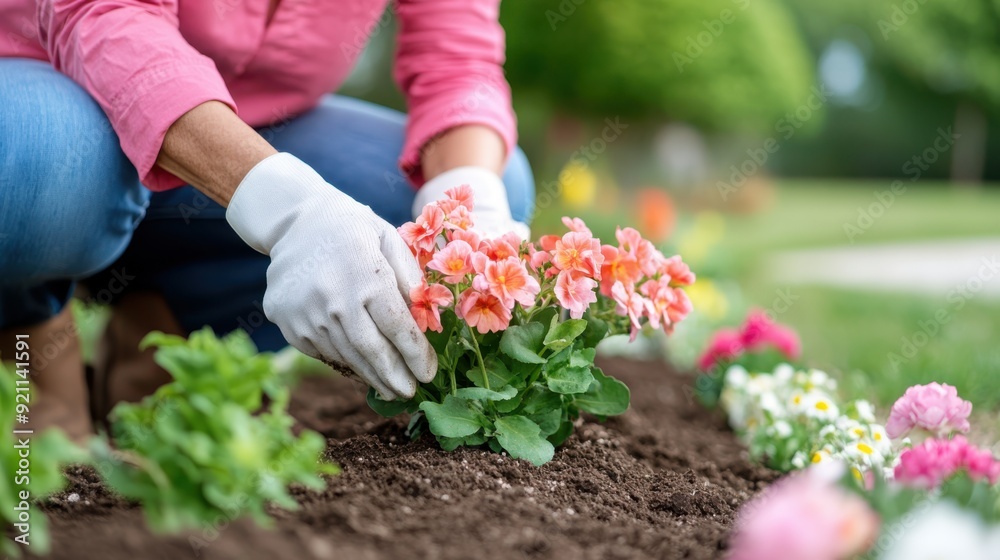 Fototapeta premium A person is planting colorful flowers in a blooming garden bed while wearing gloves, showcasing the beauty and dedication involved in maintaining a flourishing garden.