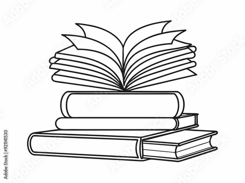continuous single line drawing of stack of books with open book on top, line art vector illustration
