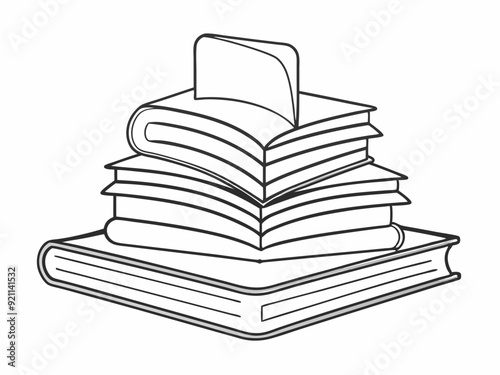 continuous single line drawing of stack of books with open book on top, line art vector illustration
