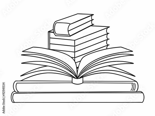 continuous single line drawing of stack of books with open book on top, line art vector illustration
