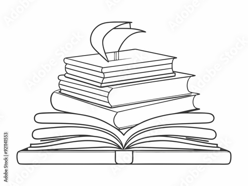 continuous single line drawing of stack of books with open book on top, line art vector illustration
