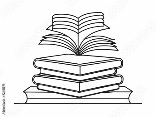 continuous single line drawing of stack of books with open book on top, line art vector illustration
