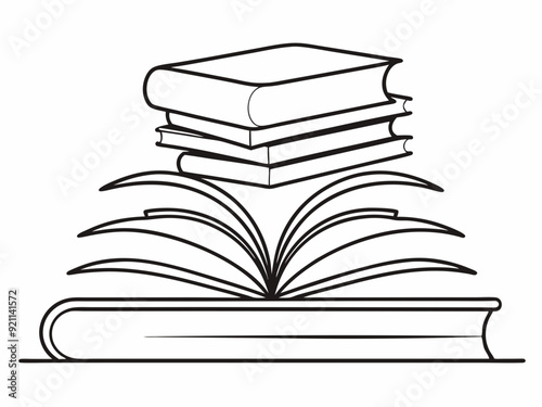 continuous single line drawing of stack of books with open book on top, line art vector illustration
