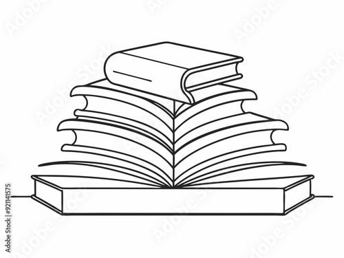 continuous single line drawing of stack of books with open book on top, line art vector illustration
