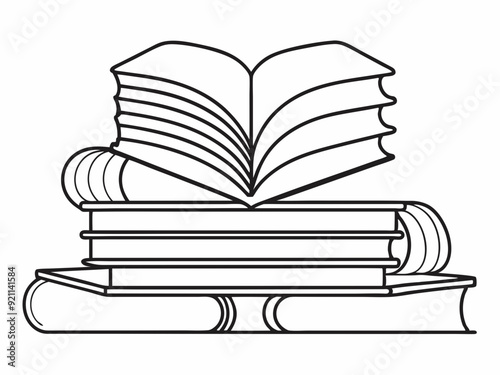 continuous single line drawing of stack of books with open book on top, line art vector illustration
