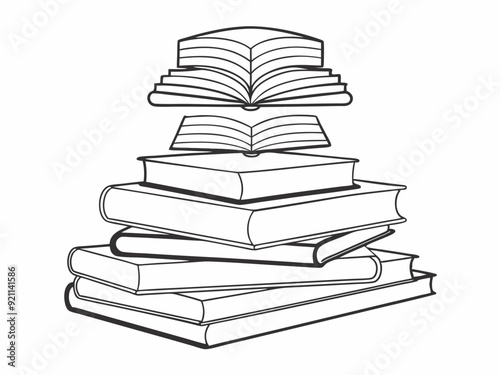 continuous single line drawing of stack of books with open book on top, line art vector illustration
