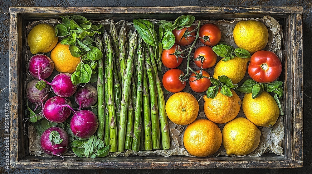   A box filled with various fruits & veggies, including lemons, asparagus, tomatoes, & more asparagus