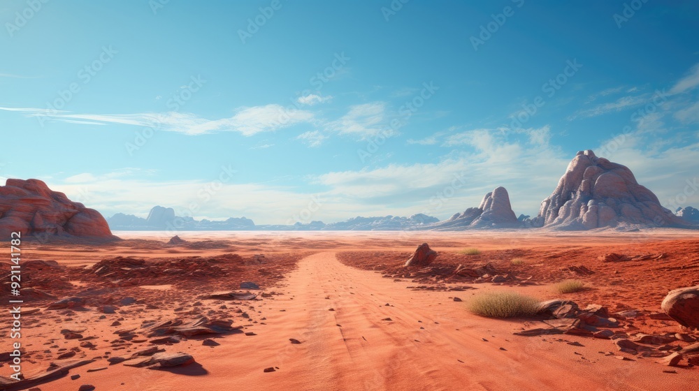 Naklejka premium A vast desert landscape with rocky formations and a clear blue sky.