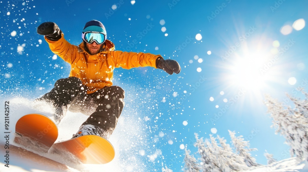 A snowboarder dressed in vibrant colors is captured mid-action in the fresh snow, creating a thrilling scene under a clear blue sky, symbolizing freedom and adventure. A snowboarder dressed in vibrant colors is captured mid-action in the fresh snow, creating a thrilling scene under a clear blue sky, symbolizing freedom and adventure.