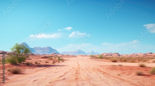 A serene desert landscape with distant mountains and a clear blue sky.