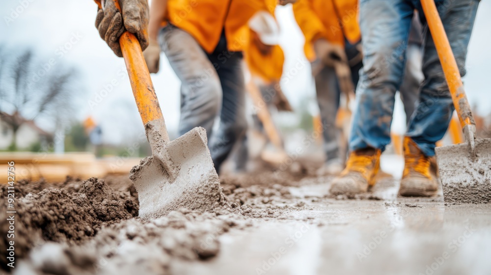A group of construction workers in orange uniforms and boots, actively shoveling and spreading wet concrete at a building site, demonstrating teamwork and physical labor, wearing safety gear.