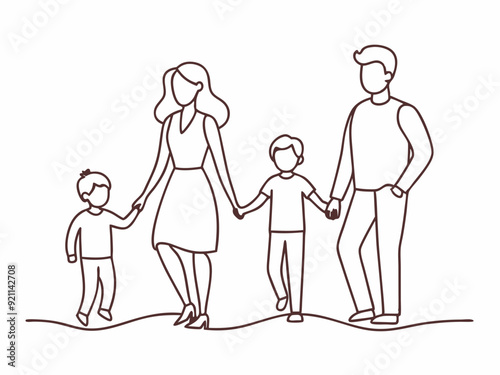 continuous single line drawing of mother and father with two children walking hand in hand, family line art vector illustration
