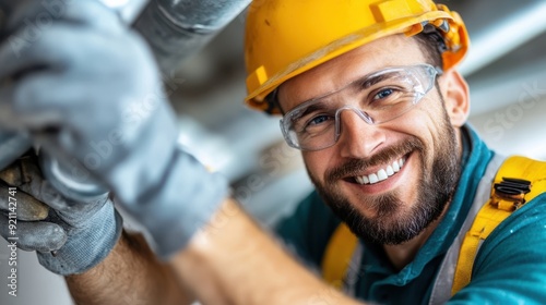 A smiling construction worker wearing a yellow safety helmet and protective glasses is fixing a pipe on-site, showcasing his dedication, skill, and satisfaction while performing his job. photo