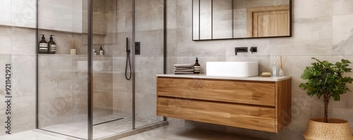 Contemporary bathroom featuring a glass-enclosed shower, a wooden vanity with a vessel sink, and a potted plant for natural decor, complemented by neutral-toned tiles