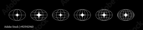 World globe grids in oval form with stars shapes. Linear striped spheres, earth latitude and longitude line grid. Retro futuristic design elements. Vector illustration