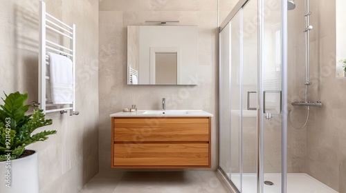 Bright modern bathroom featuring a glass-enclosed shower, a wooden vanity with a sleek countertop, and a potted plant for added greenery, complemented by neutral-toned tiles