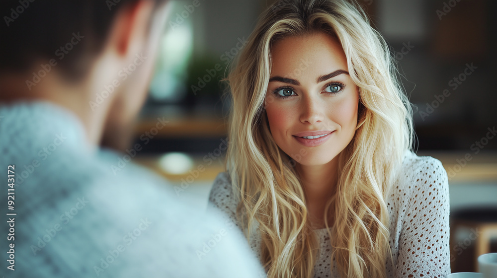 Smiling blonde woman in casual attire, engaged in conversation with friend. The warm indoor setting and her friendly expression create a cozy and relaxed atmosphere. Dating concept Smiling blonde woman in casual attire, engaged in conversation with friend. The warm indoor setting and her friendly expression create a cozy and relaxed atmosphere. Dating concept
