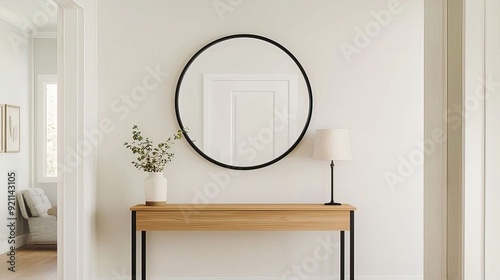 Modern minimalist entryway featuring a round mirror, a sleek wooden console table with black legs, and a small potted plant, creating a clean and inviting atmosphere