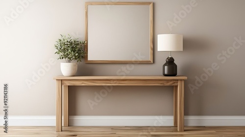 Wallpaper Mural Minimalist wooden console table adorned with a matching framed mirror, a potted plant, and a sleek table lamp, creating a simple and elegant entryway design Torontodigital.ca