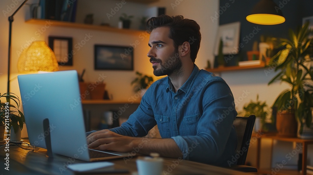 Focused Work From Home: A young man works late into the night, focused on his laptop, highlighting the dedication and drive of remote workers. Focused Work From Home: A young man works late into the night, focused on his laptop, highlighting the dedication and drive of remote workers.