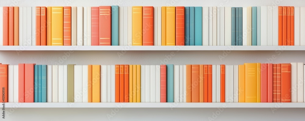 Fototapeta premium Artistic arrangement of colorful books on floating shelves, enhancing the modern decor of a library room