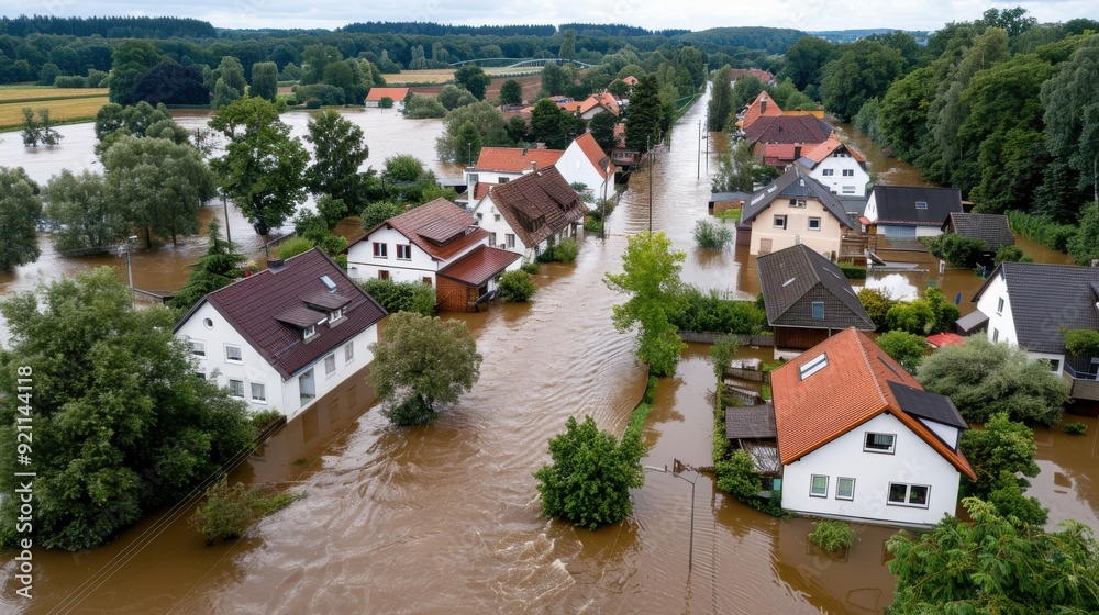 Obraz premium A broad aerial view shows a rural village suffering from a severe flood, with muddy waters submerging the streets and houses, illustrating the devastating power of nature on communities.