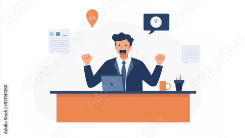 Angry businessman shouting during a meeting, flat design, front view, office theme, Split-complementary color scheme