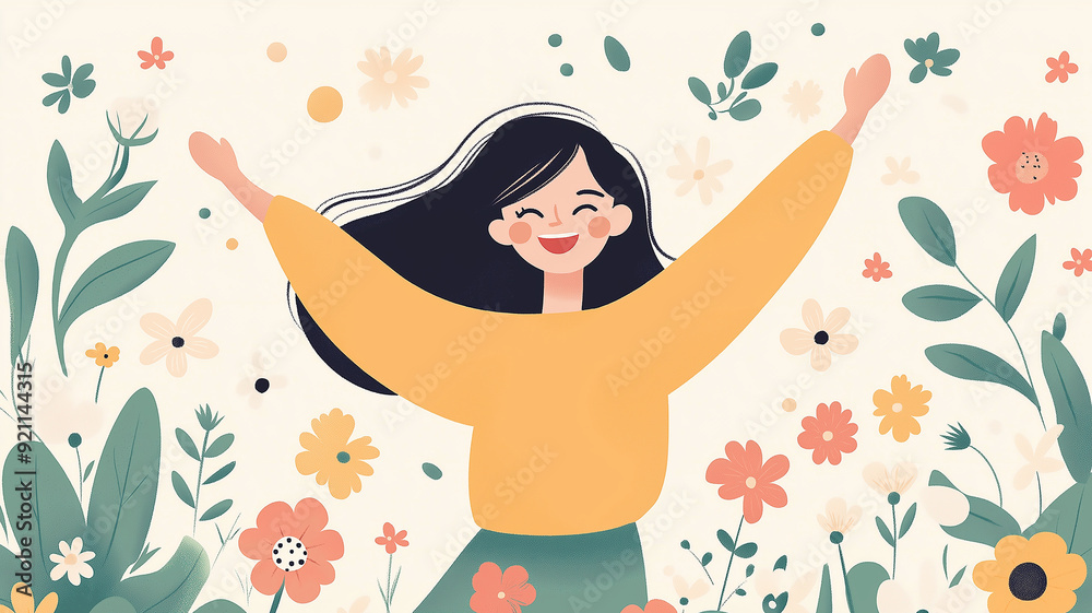 Joyful woman dancing in a field of flowers, flat design, top view, spring theme, animation, colored pastel Joyful woman dancing in a field of flowers, flat design, top view, spring theme, animation, colored pastel