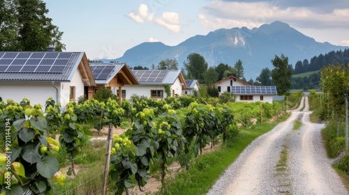 Wallpaper Mural Several houses with solar panels on their rooftops are nestled in a picturesque agricultural landscape with lush green vegetation and mountainous backdrop, promoting sustainable living. Torontodigital.ca