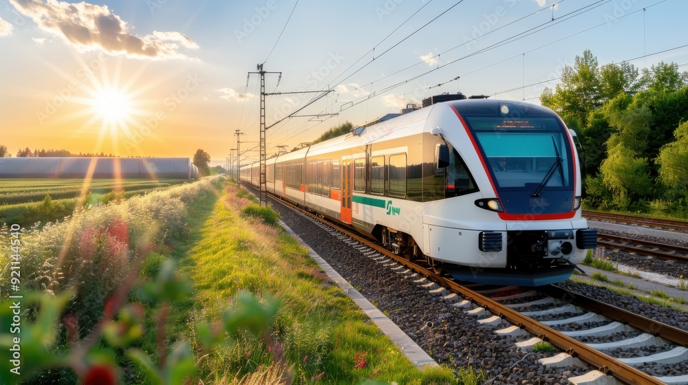 A sleek, modern train travels along the tracks through scenic countryside at sunset, capturing the essence of travel and tranquility amidst nature's beauty. A sleek, modern train travels along the tracks through scenic countryside at sunset, capturing the essence of travel and tranquility amidst nature's beauty.