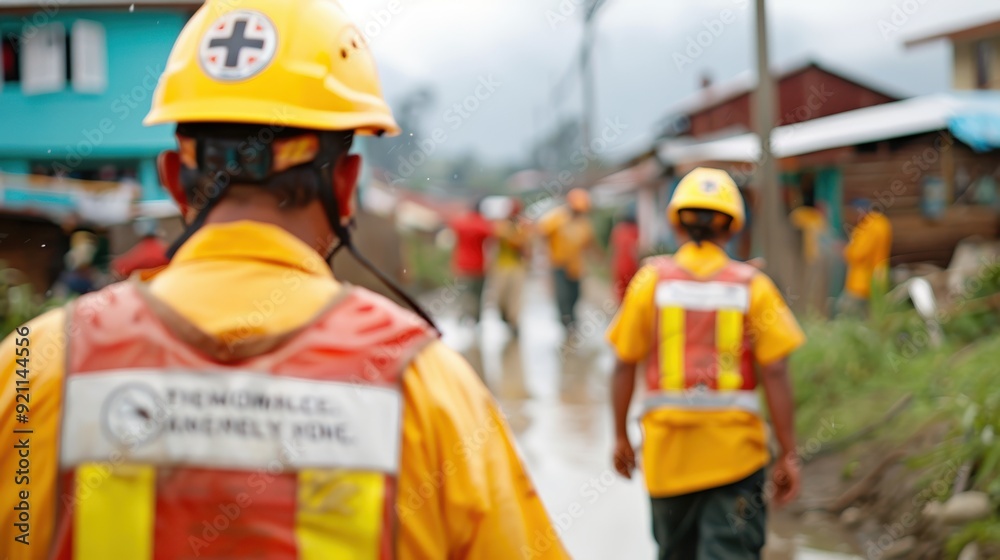 Emergency responders are pictured aiding a community in the aftermath of a flood, showcasing their resolve and dedication to providing essential support and relief during a crisis situation. Emergency responders are pictured aiding a community in the aftermath of a flood, showcasing their resolve and dedication to providing essential support and relief during a crisis situation.