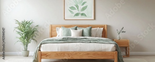 Bright bedroom with a wooden bed frame, green bedding, and plants, showcasing minimalist decor and a calm atmosphere.