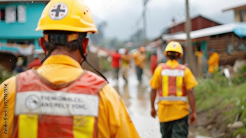 Emergency responders are pictured aiding a community in the aftermath of a flood, showcasing their resolve and dedication to providing essential support and relief during a crisis situation.