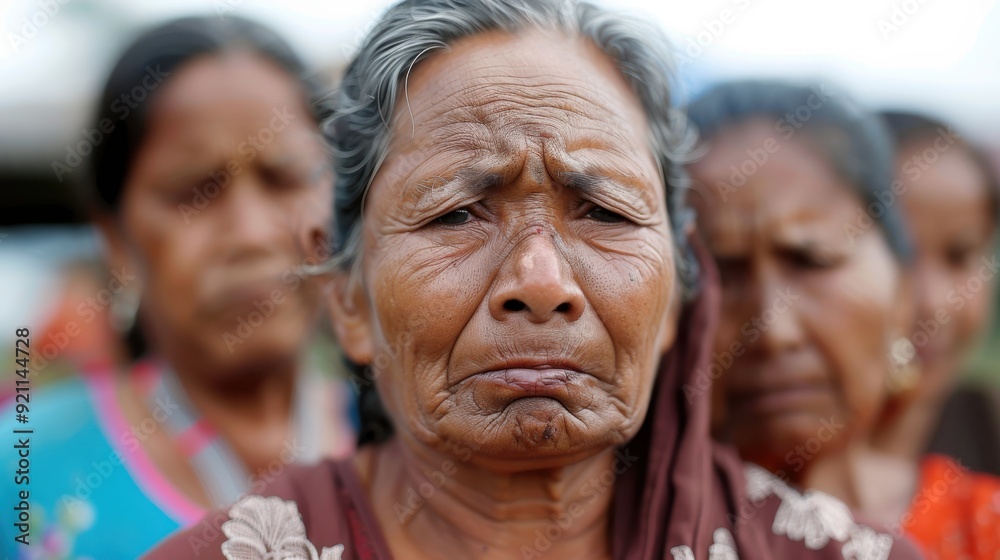 An elderly woman stands in the foreground with a look of worry and sadness on her face while other women stand behind her, sharing the same emotions. An elderly woman stands in the foreground with a look of worry and sadness on her face while other women stand behind her, sharing the same emotions.