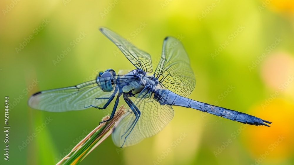 Black-tailed skimmer dragonfly perched on a blade of grass Black-tailed skimmer dragonfly perched on a blade of grass