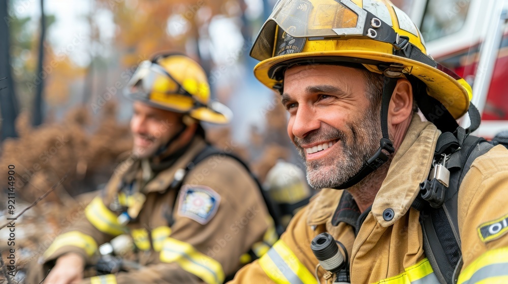 Fototapeta premium Two firefighters taking a break, smiling and sitting outdoors, after their work, illustrating camaraderie and the human side of their important protective duties.