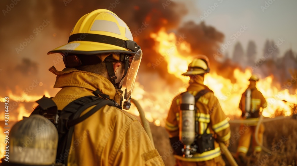 Three firefighters in yellow protective gear and helmets, carrying hoses and oxygen tanks, work together to combat a massive wildfire with flames and smoke all around them. Three firefighters in yellow protective gear and helmets, carrying hoses and oxygen tanks, work together to combat a massive wildfire with flames and smoke all around them.