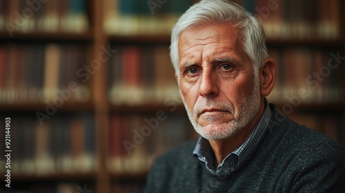 The weight of knowledge: A pensive older man with gray hair and beard, stares intently into the camera, surrounded by a towering bookshelf filled with leather-bound books. 