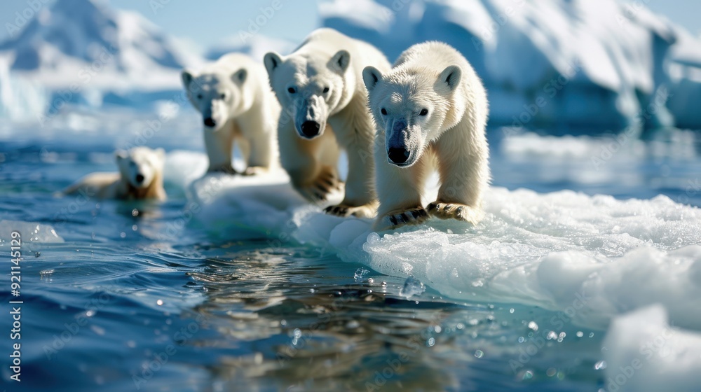 A group of polar bears stand on a rapidly melting ice floe in the Arctic ocean, highlighting the severe consequences of global warming and the urgency of conservation efforts to protect wildlife.