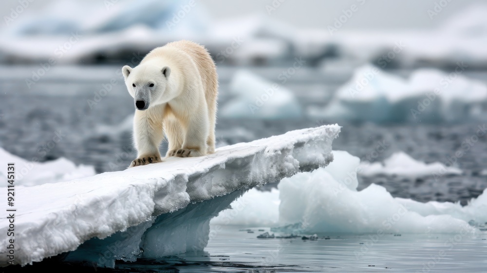 A lone polar bear stands precariously on the edge of a melting ice floe in an arctic landscape, symbolizing the harsh impacts of climate change on wildlife habitats and ecosystems. A lone polar bear stands precariously on the edge of a melting ice floe in an arctic landscape, symbolizing the harsh impacts of climate change on wildlife habitats and ecosystems.