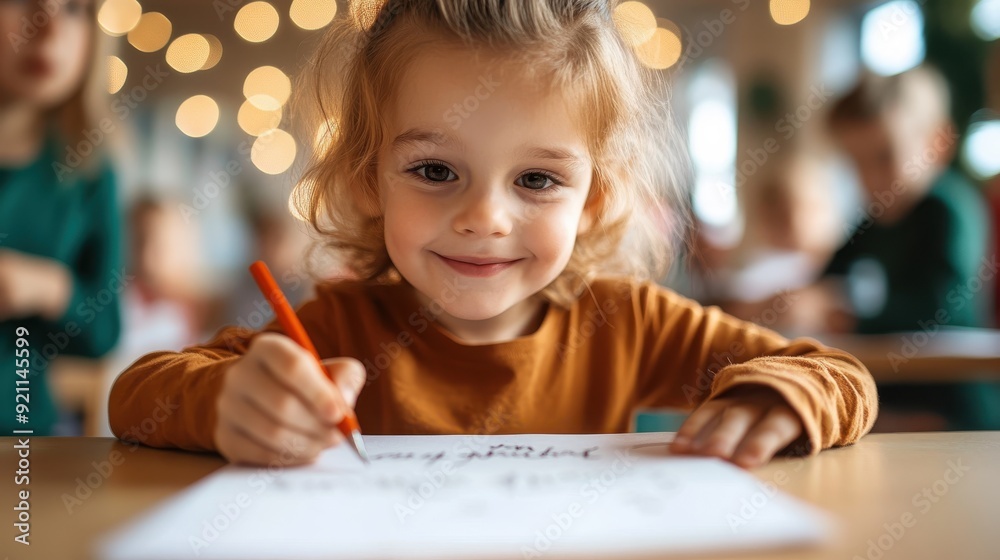 A little girl is focused and happily drawing at a table with colorful decorations around, expressing creativity and concentration in a warm, indoor setting. A little girl is focused and happily drawing at a table with colorful decorations around, expressing creativity and concentration in a warm, indoor setting.