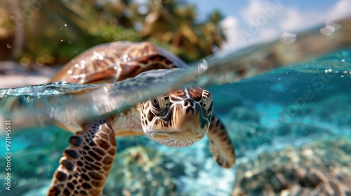 An underwater shot features a graceful turtle swimming in crystal clear, turquoise waters, highlighting the beauty and tranquility of marine life in a pristine habitat.